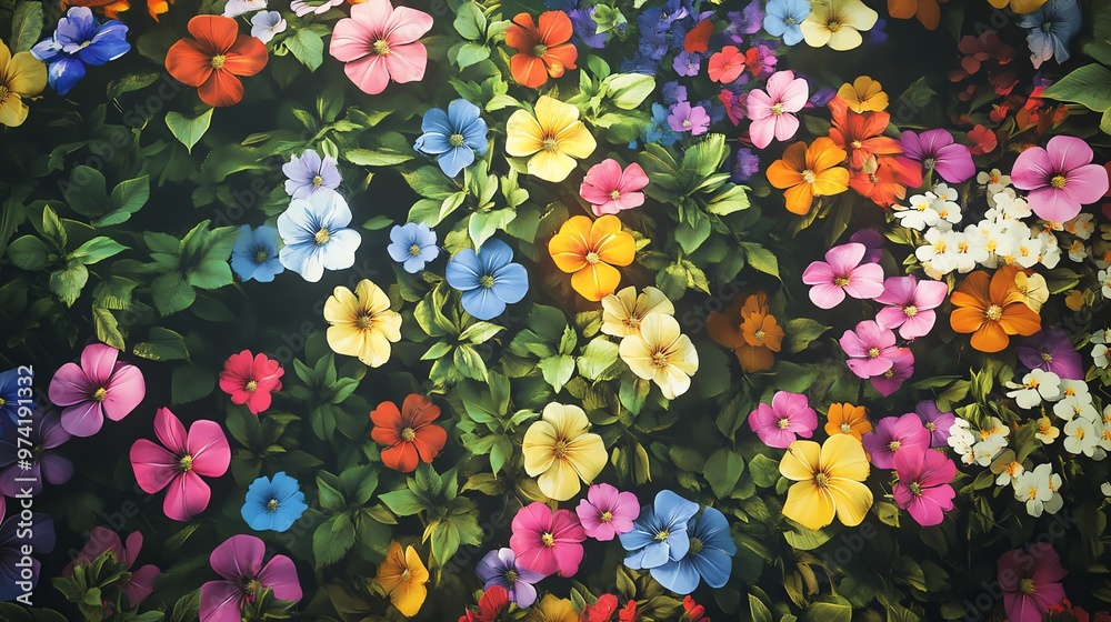 A close-up view from the ground up portrays a colorful array of blooming flowers and vibrant greenery, embodying the joyful essence of a gardening hobby in a photorealistic style A close-up view from the ground up portrays a colorful array of blooming flowers and vibrant greenery, embodying the joyful essence of a gardening hobby in a photorealistic style