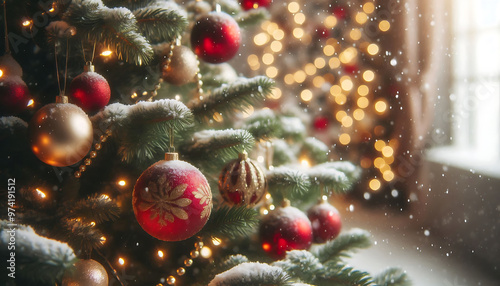A decorated Christmas tree in a snowy setting featuring red and gold ornaments hanging from its branches in a soft blurred lights in the background