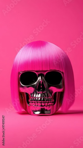 A skull with pink hair and sunglasses on it