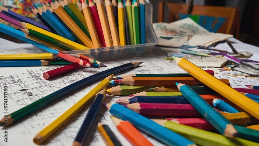 A dynamic scene of colorful pencils scattered across