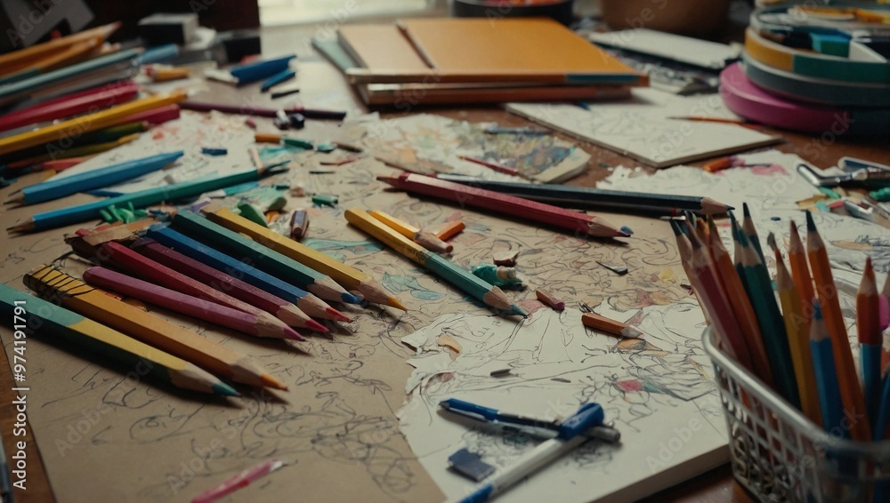 A dynamic scene of colorful pencils scattered across