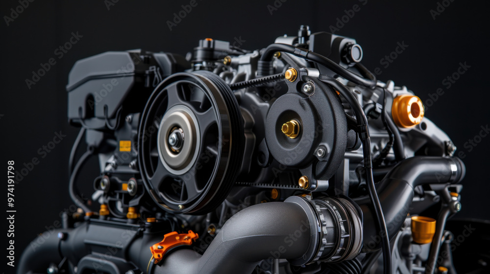 Close-up of a high-performance car engine, showcasing intricate components and engineering excellence in modern automotive technology. Close-up of a high-performance car engine, showcasing intricate components and engineering excellence in modern automotive technology.