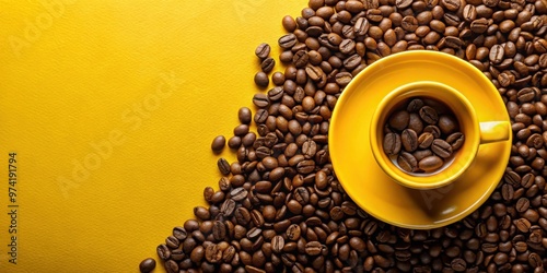 Top view of a yellow coffee cup filled with beans, perfect for coffee lovers photo