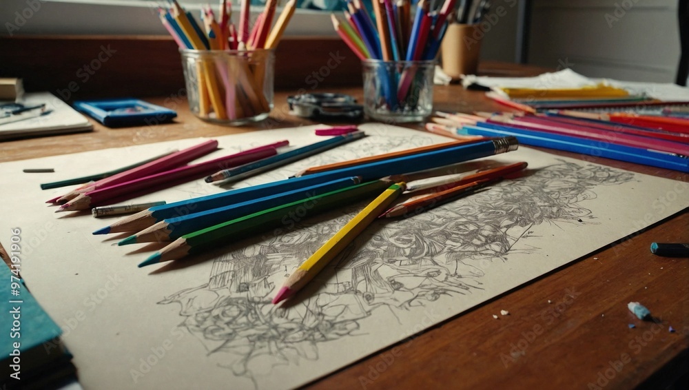 A dynamic scene of colorful pencils scattered across