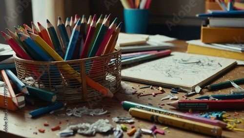 A dynamic scene of colorful pencils scattered across