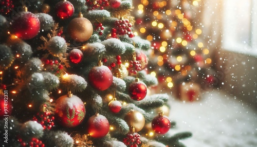 A decorated Christmas tree in a snowy setting featuring red and gold ornaments hanging from its branches in a soft blurred lights in the background