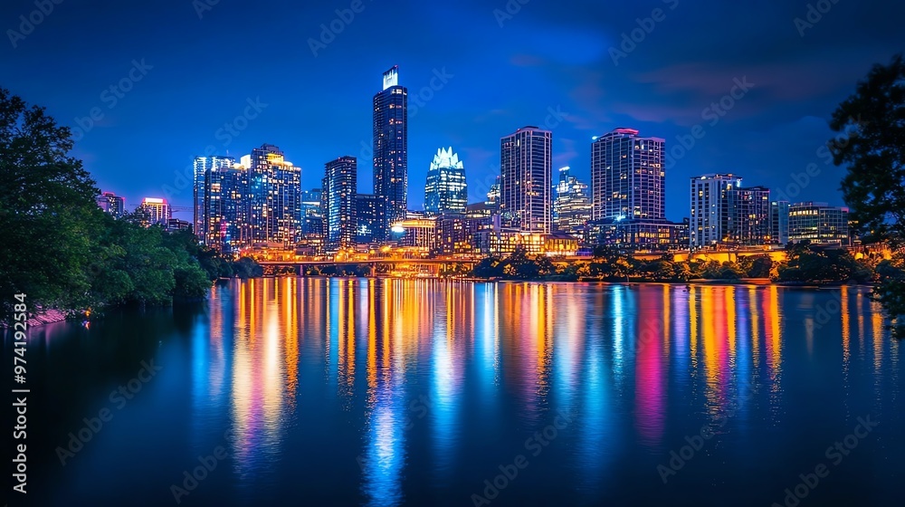 Obraz premium Capture a glowing cityscape at night from eye-level, emphasizing city lights reflecting in the river