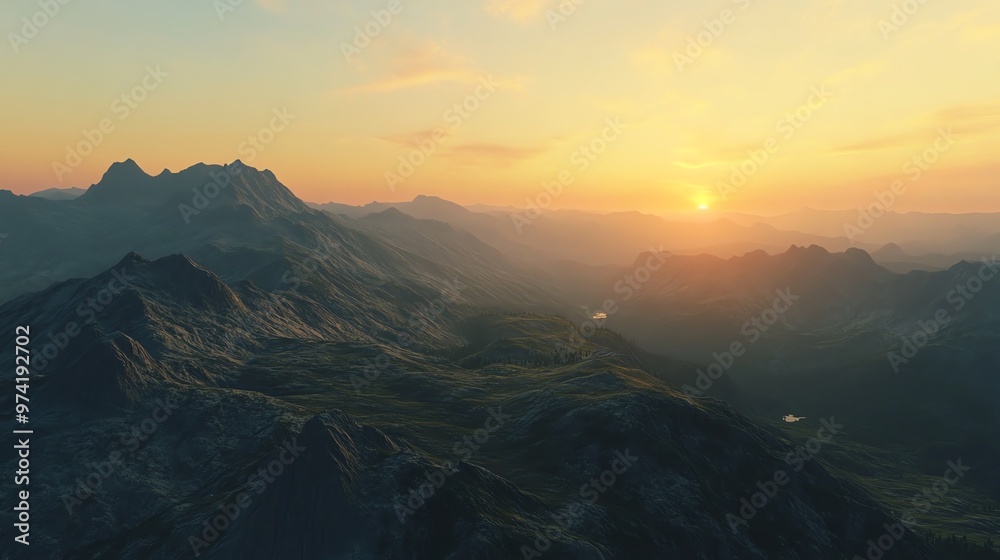 Capture a grand, majestic mountain range at sunrise in a wide-angle view, emphasizing vastness and serenity Utilize CG 3D techniques for photorealistic rendition Capture a grand, majestic mountain range at sunrise in a wide-angle view, emphasizing vastness and serenity Utilize CG 3D techniques for photorealistic rendition