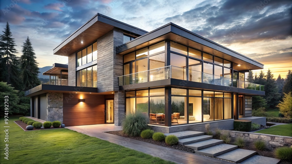 A modern house exterior features multiple large windows, bathing the interior in natural light and offering A modern house exterior features multiple large windows, bathing the interior in natural light and offering