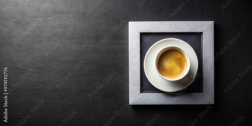 Top view of a cup of coffee on black square copy space surface Top view of a cup of coffee on black square copy space surface
