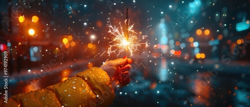 A person holding a sparkler in their hands at night, with a blurred background. The image has a vintage color tone, conveying a New Year's concept. There is ample space for text and a banner.  photo