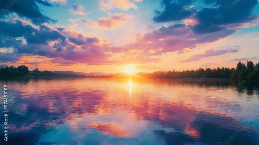 Capture a panoramic view of a scenic sunset over a tranquil lake with vibrant hues reflecting on the water, showcasing the serenity of nature Capture a panoramic view of a scenic sunset over a tranquil lake with vibrant hues reflecting on the water, showcasing the serenity of nature