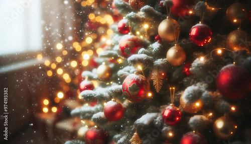 A decorated Christmas tree in a snowy setting featuring red and gold ornaments hanging from its branches in a soft blurred lights in the background