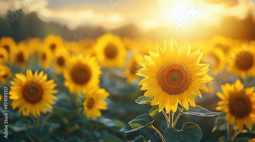 A field of sunflowers facing the sun