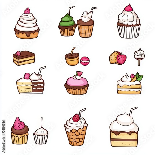 Colorful dessert and cake illustrations, hand-drawn with playful doodle style, ideal for cafe menus, bakery themes, or fun food promotions photo