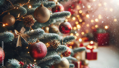 A decorated Christmas tree in a snowy setting featuring red and gold ornaments hanging from its branches in a soft blurred lights in the background