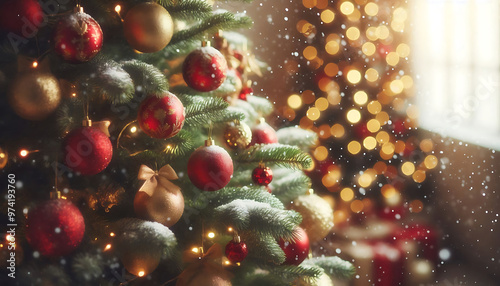 A decorated Christmas tree in a snowy setting featuring red and gold ornaments hanging from its branches in a soft blurred lights in the background