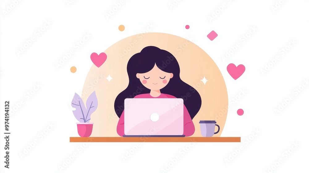 Woman working on her laptop with a coffee cup on the side, modern home office setup, concept of remote work and productivity. Woman working on her laptop with a coffee cup on the side, modern home office setup, concept of remote work and productivity.