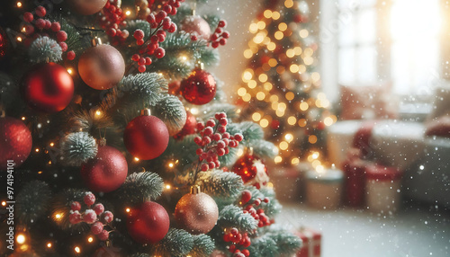 A decorated Christmas tree in a snowy setting featuring red and gold ornaments hanging from its branches in a soft blurred lights in the background