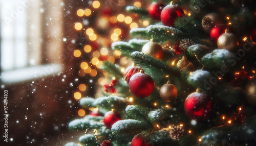 A decorated Christmas tree in a snowy setting featuring red and gold ornaments hanging from its branches in a soft blurred lights in the background