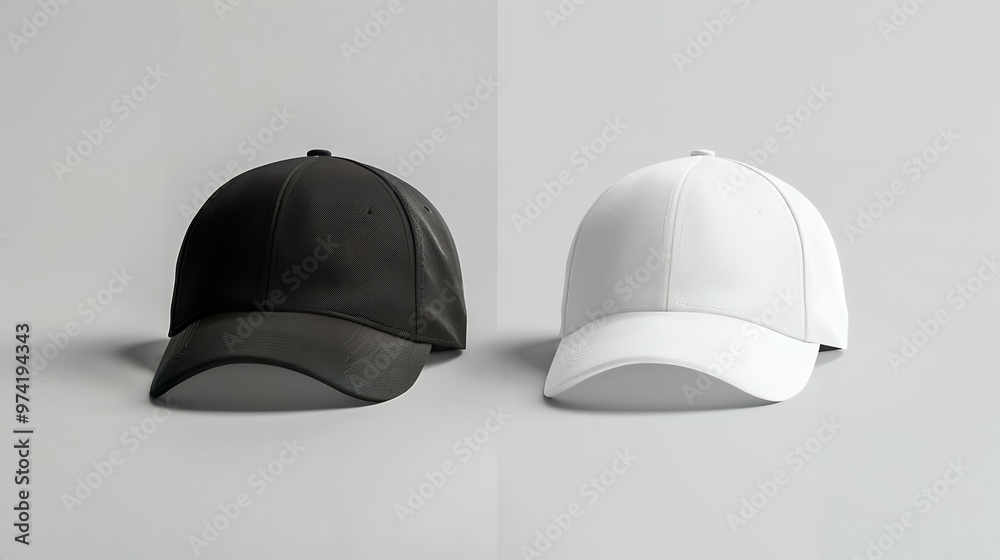 Stylish Black and White Baseball Caps Mockup on Gray Background for Fashion Branding, Custom Headwear Design, and Professional Product Presentation in Minimalist Setting Stylish Black and White Baseball Caps Mockup on Gray Background for Fashion Branding, Custom Headwear Design, and Professional Product Presentation in Minimalist Setting
