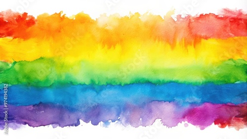 Rainbow watercolor border with brush-drawn edge and aquarelle stains, colorful striped abstract design