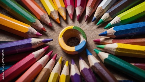 A collection of color pencils arranged in a star format 