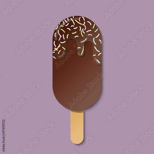 Chocolate ice-cream Popsicle with colorful sugar flat icon vector. Paper Style