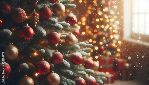 A decorated Christmas tree in a snowy setting featuring red and gold ornaments hanging from its branches in a soft blurred lights in the background