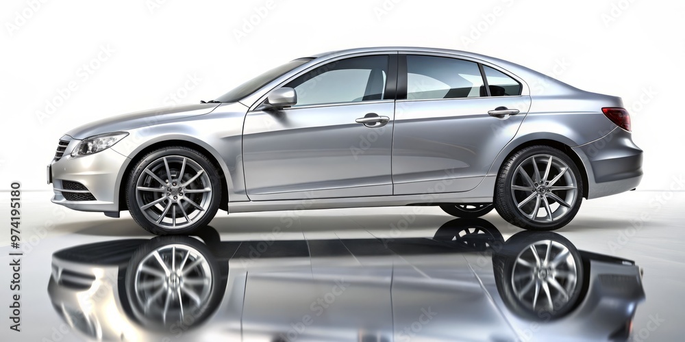 Glossy silver car parked on a transparent background, isolated on a white studio floor with subtle gradient and Glossy silver car parked on a transparent background, isolated on a white studio floor with subtle gradient and