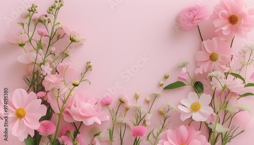 Elegant arrangement of pink flowers against a soft pink pastel backdrop, perfect for creating a serene and romantic ambiance