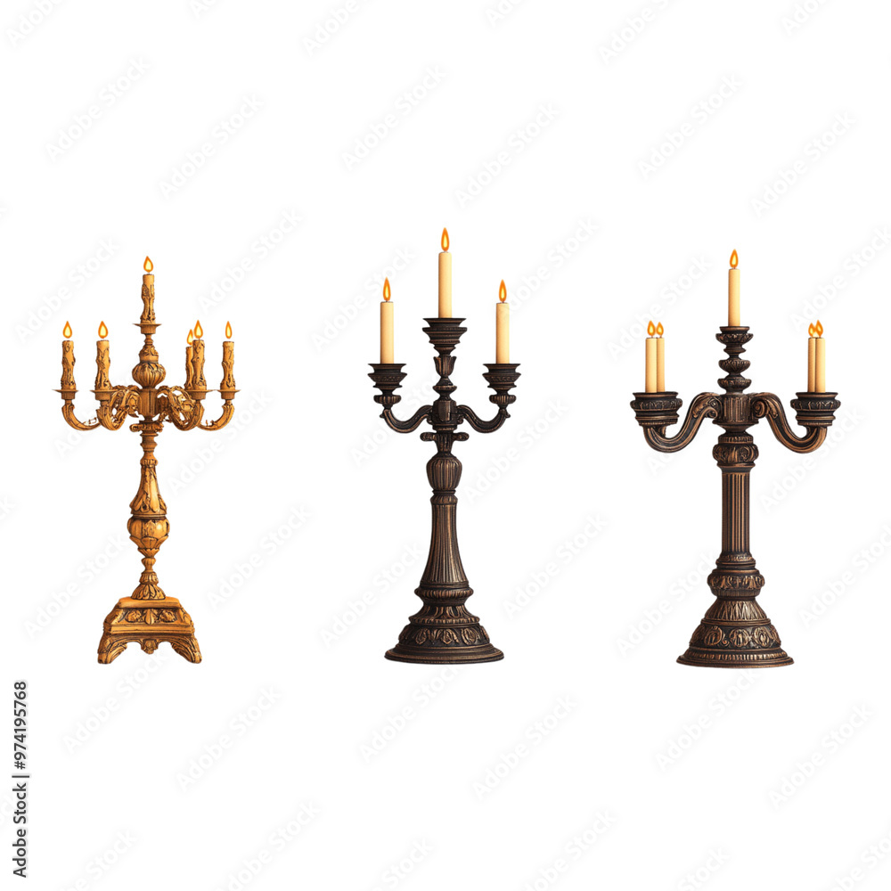 3 highly detailed candelabras with candles isolated on a white background 3 highly detailed candelabras with candles isolated on a white background