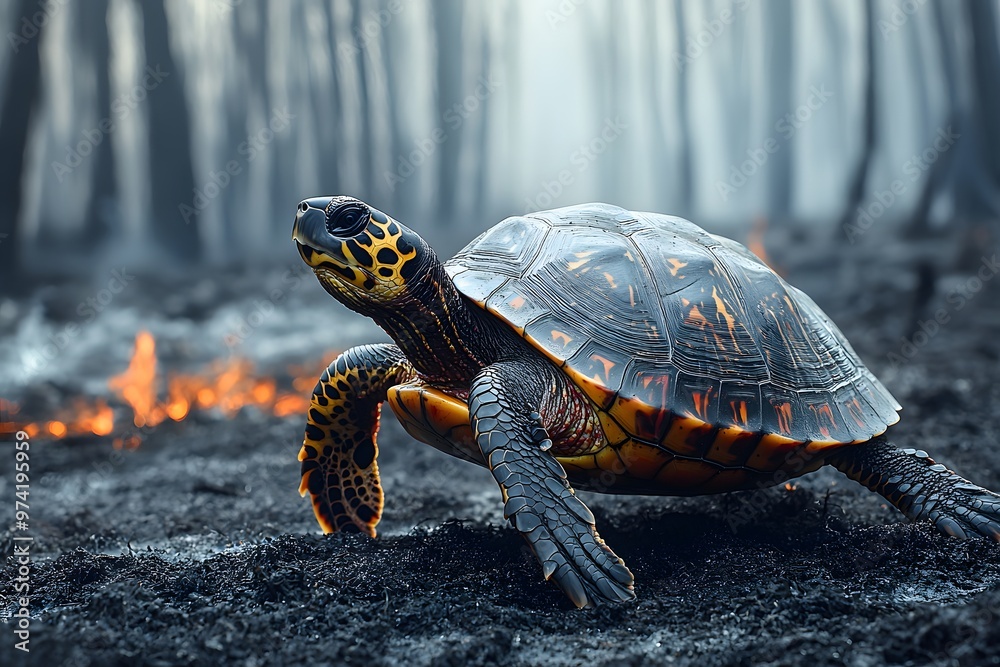 Fototapeta premium Resilient turtle in a charred forest: nature's battle against wildfires
