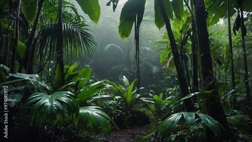Closeup ferns with giant trees in dark tropical rain forest. Green nature background. 