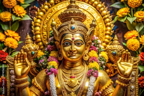 Golden-hued Hindu deity with four arms and a benevolent smile, adorned with intricate jewelry, flowers, and a lavish