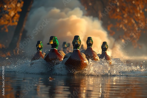 Vibrant mallards speed across tranquil lake in autumn mist