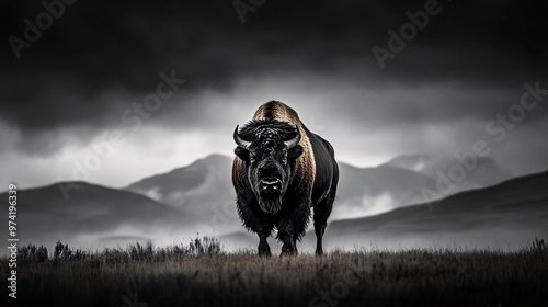 Bison roaming across wild plains, powerful muscles visible under its thick fur, strong stance and wild presence, camera from a low angle emphasizing its size, vast open land with rolling hills in the photo