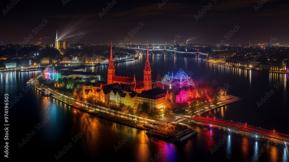 Fototapeta premium Stunning nighttime urban landscape of warsaw, the vibrant capital city of poland