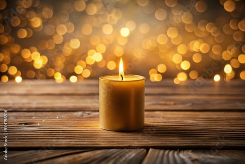 Golden warm candlelight illuminates a serene atmosphere, with a solitary candle standing tall on a minimalist wooden