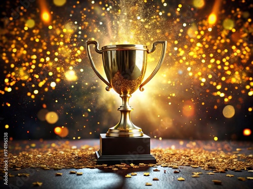 Golden trophy sitting atop a velvet pedestal, surrounded by confetti and sparkling lights, symbolizing achievement and photo