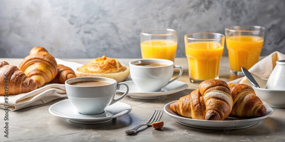 A delicious breakfast spread of croissants, butter, coffee, and orange juice on a table A delicious breakfast spread of croissants, butter, coffee, and orange juice on a table