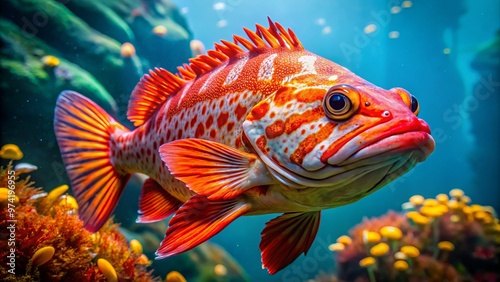 A stunning red, spotted Pacific rockfish glides effortlessly through the aquatic environment, its bright colors and photo