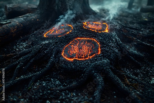 Glowing roots amidst charred forest debris after wildfire photo