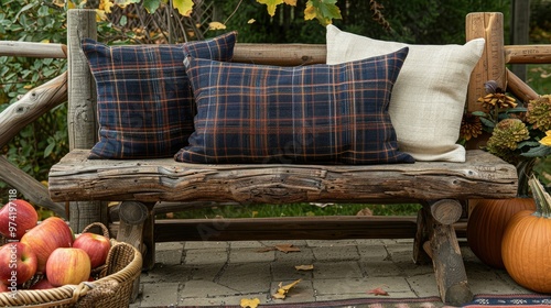 A rustic bench with plaid throw pillows