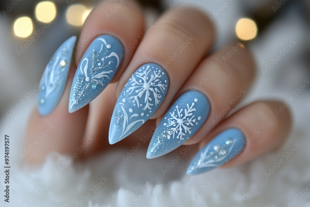 Close-up of Hand with Blue and White Snowflake Nail Art Close-up of Hand with Blue and White Snowflake Nail Art