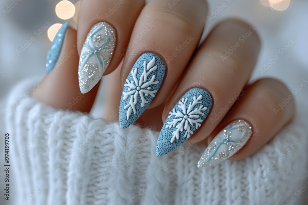 Close-up of a hand with blue and white snowflake nail art Close-up of a hand with blue and white snowflake nail art