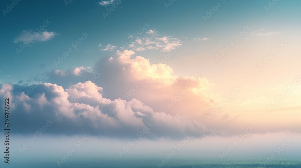 Obraz premium Soft, fluffy clouds drift across a pastel sky at sunrise.
