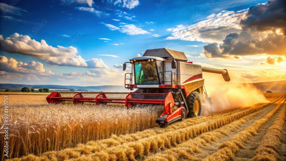 Fototapeta premium Combine harvester in action harvesting ripe wheat crop in the field