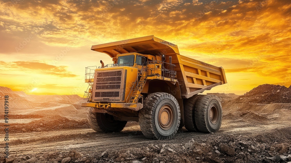 A large yellow dump truck sits on a dirt road in a quarry at sunset. A large yellow dump truck sits on a dirt road in a quarry at sunset.