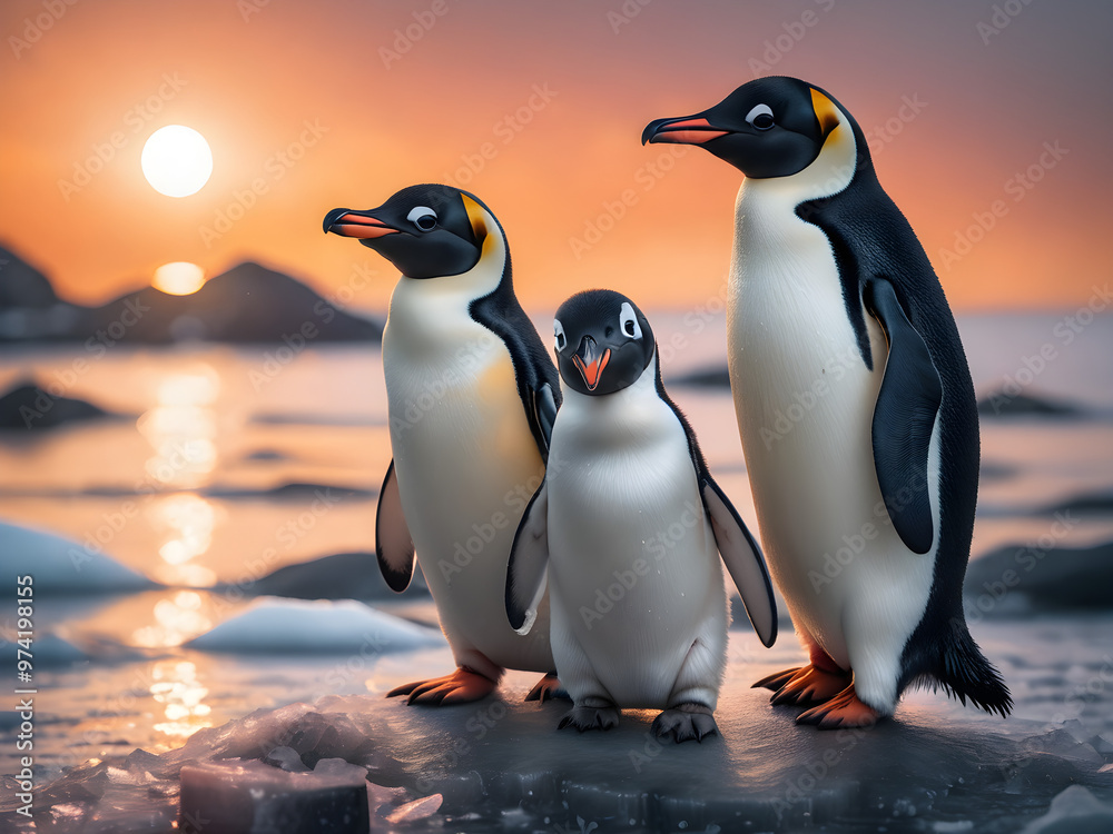 Obraz premium Penguins Adelie walking together on the snow. Beautiful Photography. Generative AI.